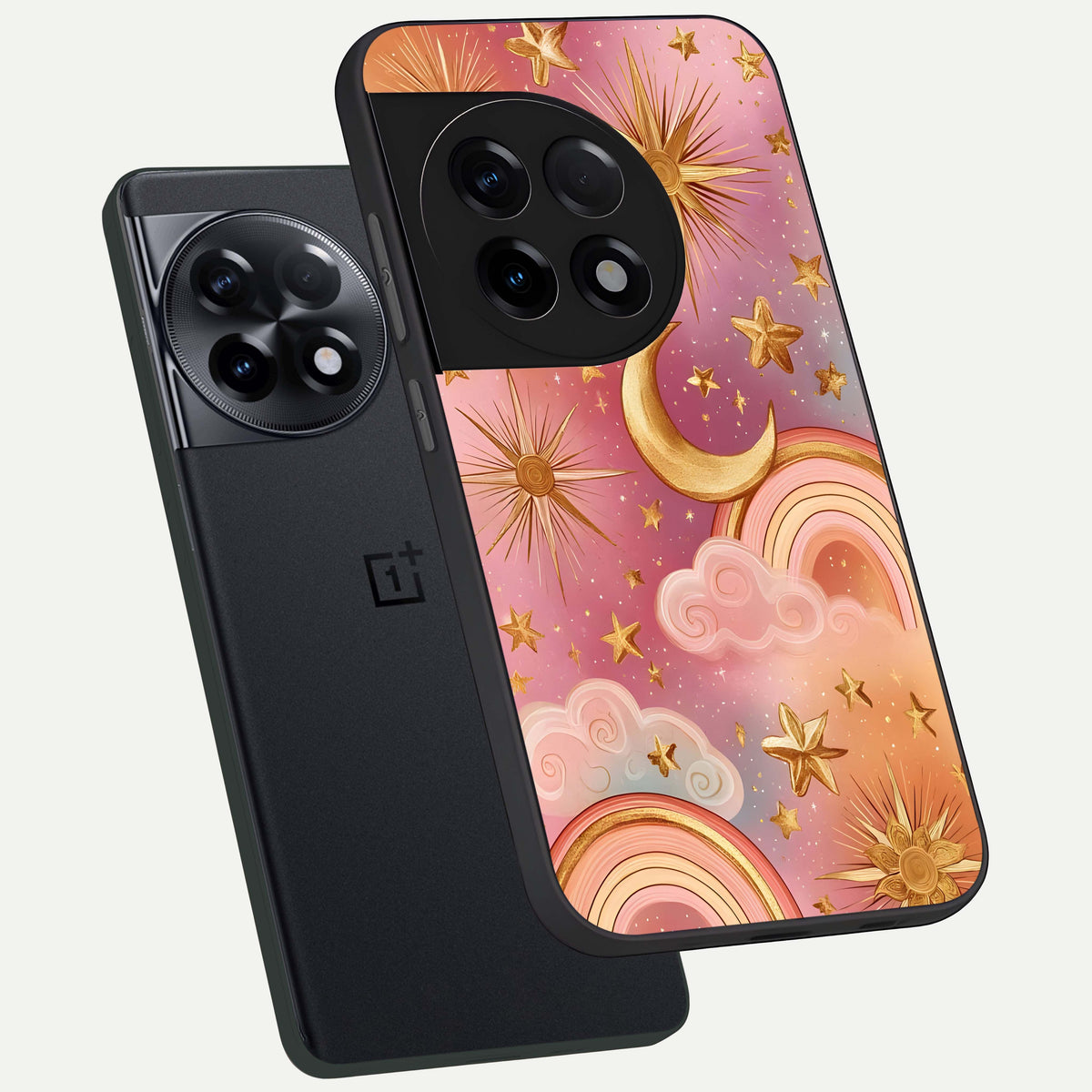  Golden Celestial Dreams phone case For OnePlus 11R showing premium glass back cover with detailed artwork