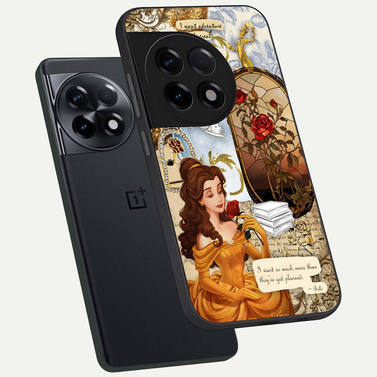  Golden Dream Belle phone case For OnePlus 11R showing premium glass back cover with detailed artwork