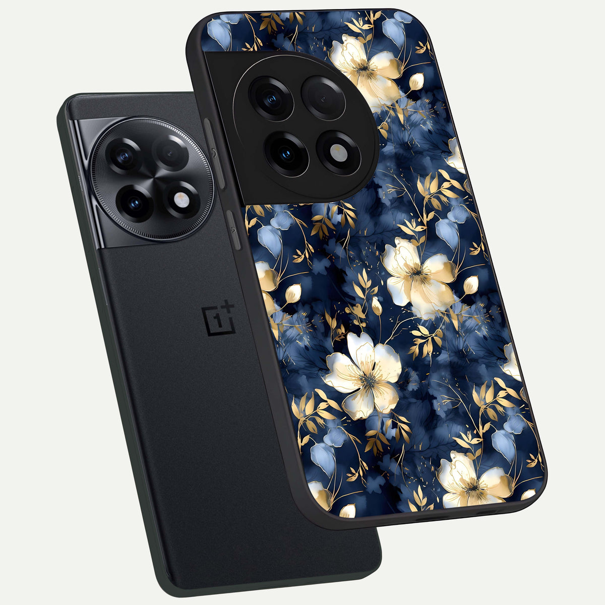  Golden Midnight Bloom phone case For OnePlus 11R showing premium glass back cover with detailed artwork