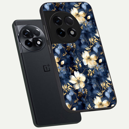  Golden Midnight Bloom phone case For OnePlus 11R showing premium glass back cover with detailed artwork