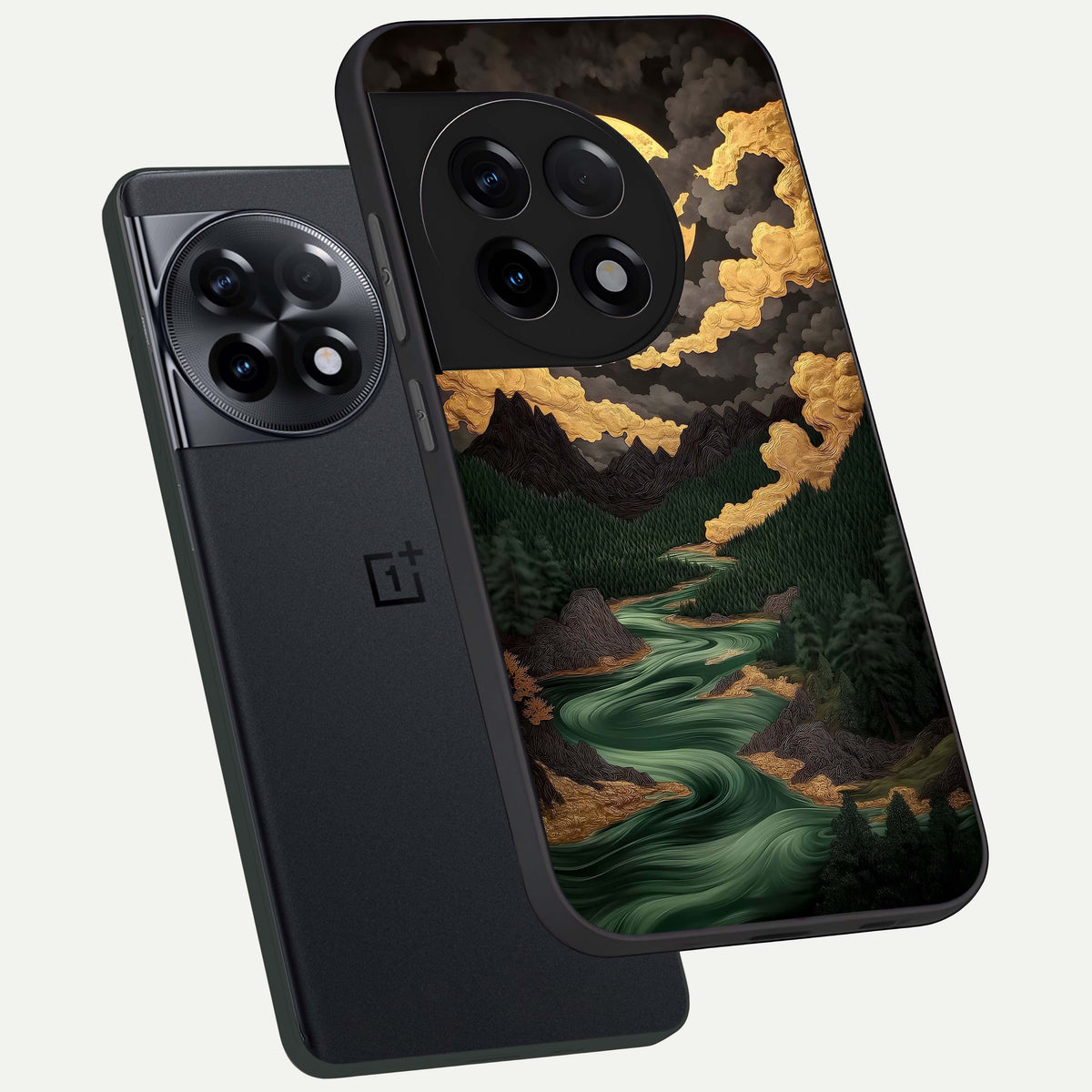  Golden River Moon phone case For OnePlus 11R showing premium glass back cover with detailed artwork