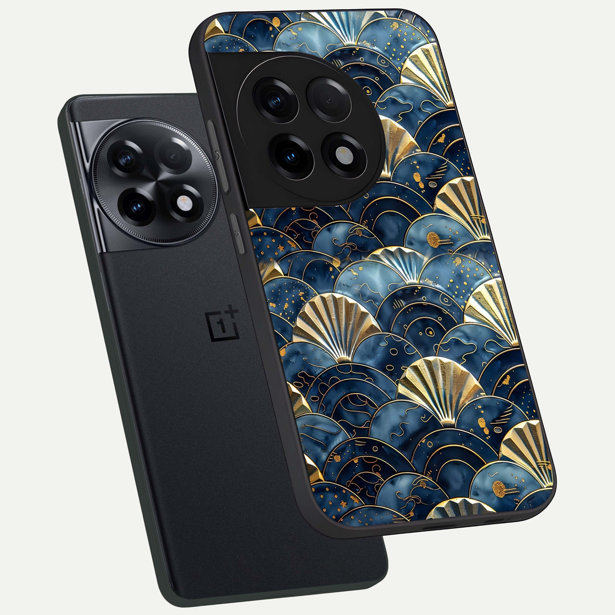  Golden Wave Luxe phone case For OnePlus 11R showing premium glass back cover with detailed artwork