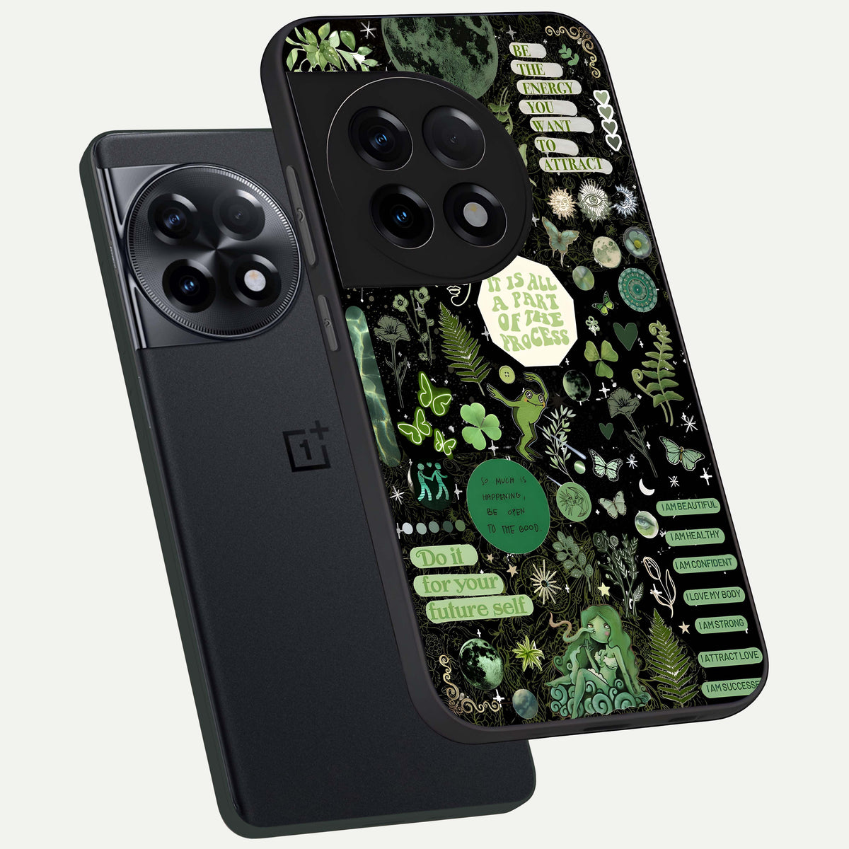  Green Mandala Pattern phone case For OnePlus 11R showing premium glass back cover with detailed artwork