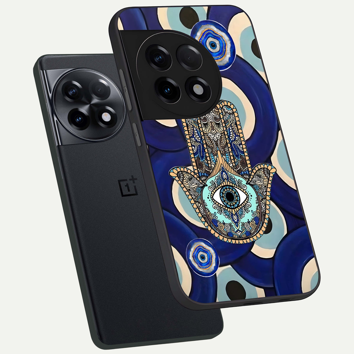 Hamsa Divine Guard phone case For OnePlus 11R showing premium glass back cover with detailed artwork
