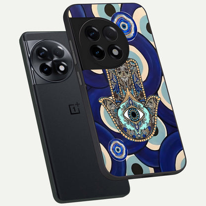  Hamsa Divine Guard phone case For OnePlus 11R showing premium glass back cover with detailed artwork