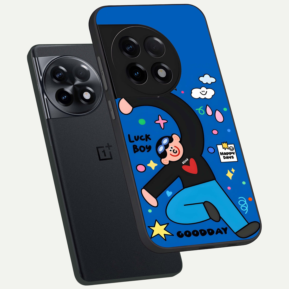  Happy Luck Vibe phone case For OnePlus 11R showing premium glass back cover with detailed artwork