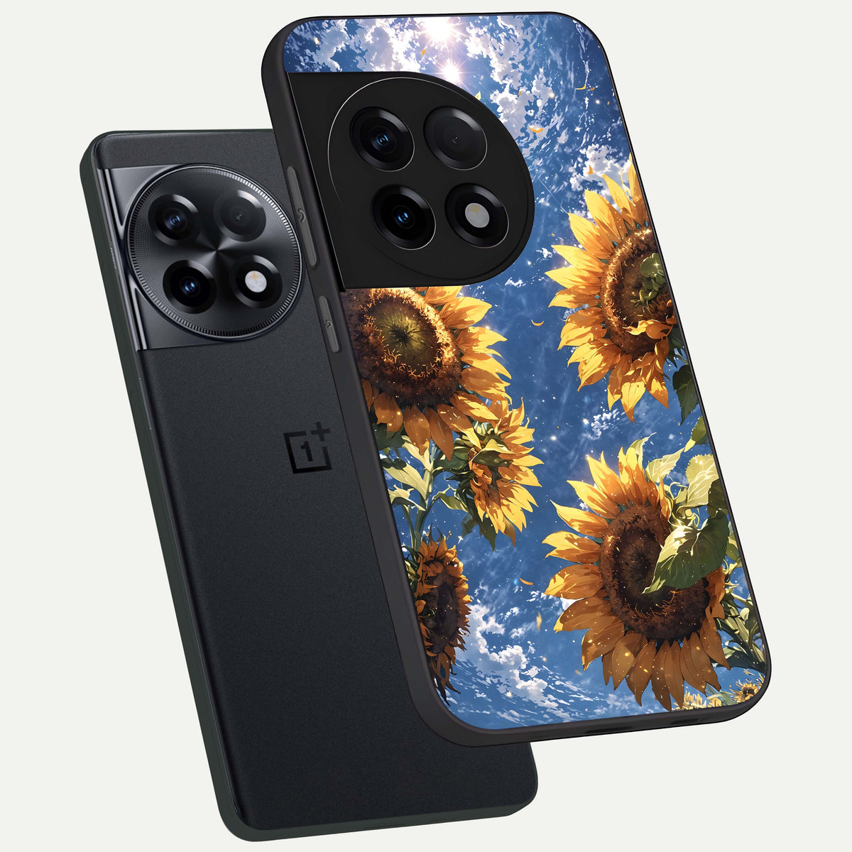  Heavenly Sunflower Rise phone case For OnePlus 11R showing premium glass back cover with detailed artwork