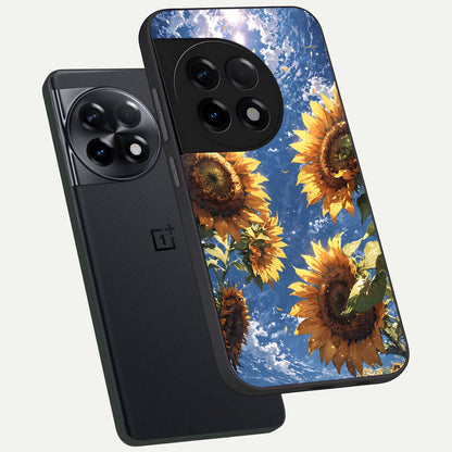  Heavenly Sunflower Rise phone case For OnePlus 11R showing premium glass back cover with detailed artwork