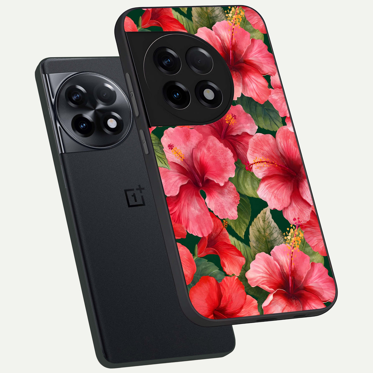  Hibiscus Pattern phone case For OnePlus 11R showing premium glass back cover with detailed artwork