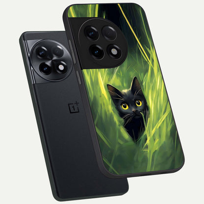  Hidden Cat Whisper phone case For OnePlus 11R showing premium glass back cover with detailed artwork