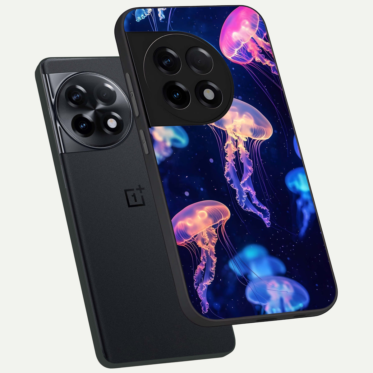  Jellyfish Pattern phone case For OnePlus 11R showing premium glass back cover with detailed artwork