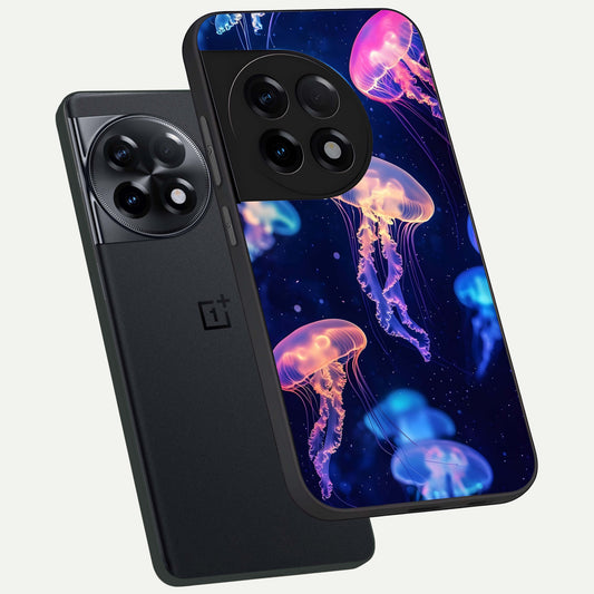  Jellyfish Pattern phone case For OnePlus 11R showing premium glass back cover with detailed artwork