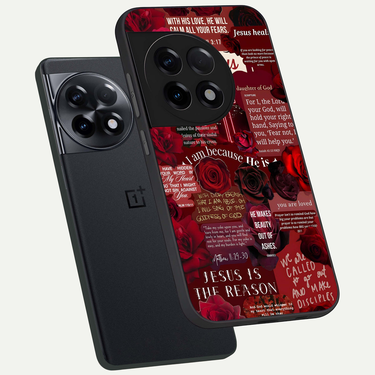  Jesus Love Heals phone case For OnePlus 11R showing premium glass back cover with detailed artwork