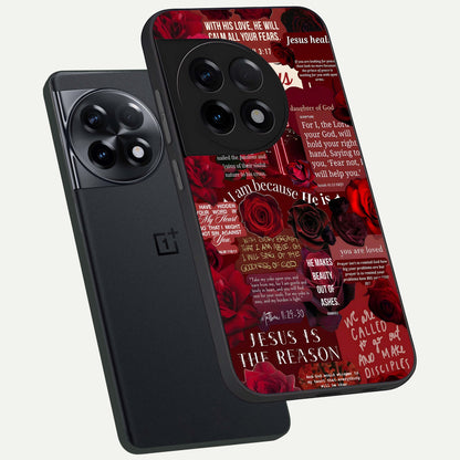  Jesus Love Heals phone case For OnePlus 11R showing premium glass back cover with detailed artwork