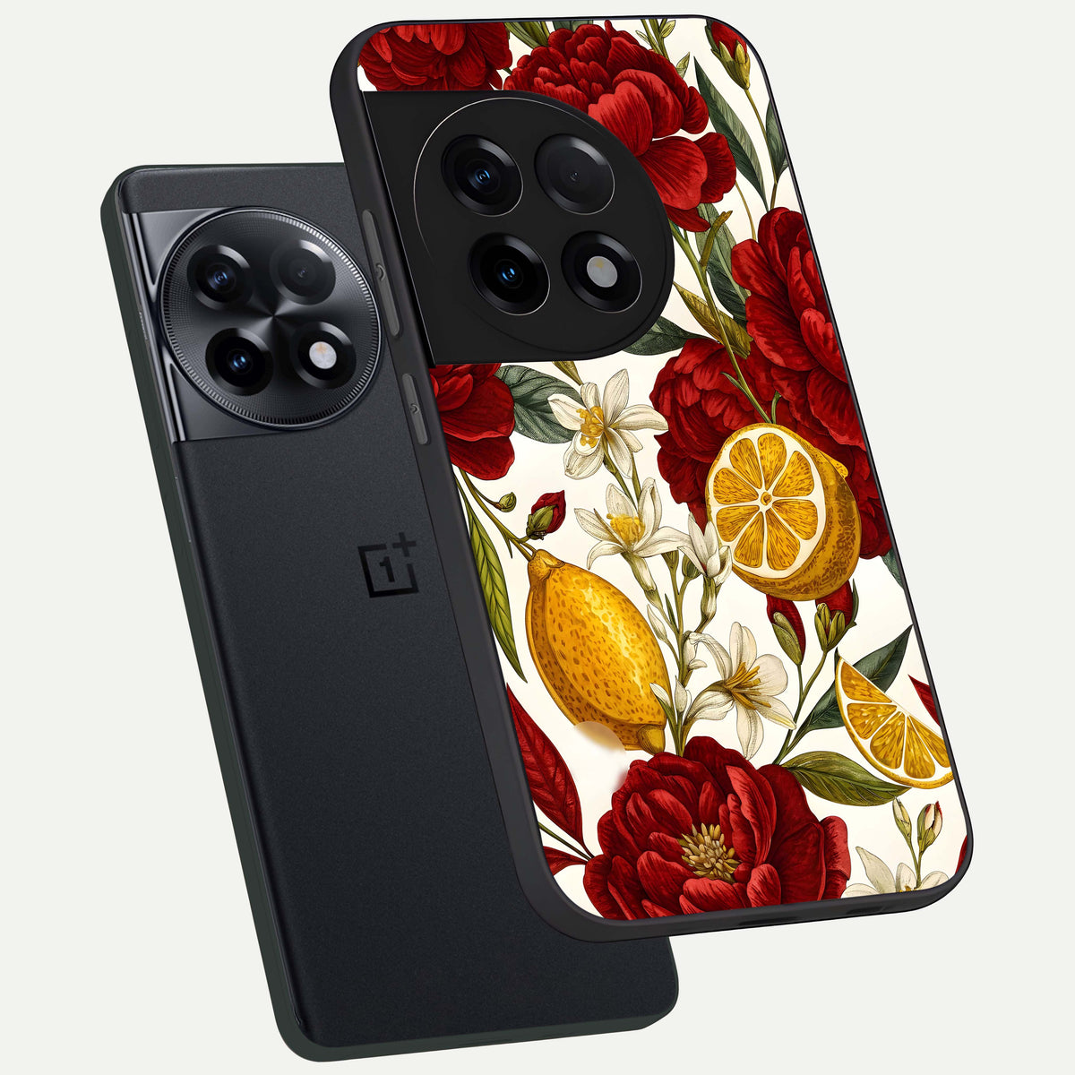  Lemon Rose Charm phone case For OnePlus 11R showing premium glass back cover with detailed artwork