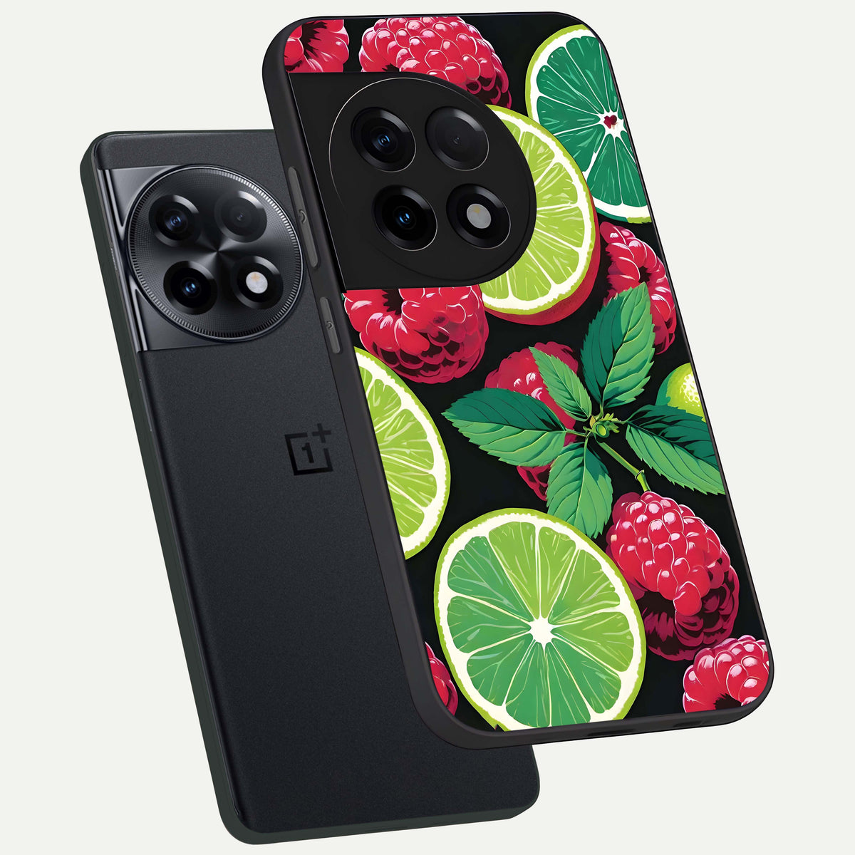  Lime and Raspberry Pattern phone case For OnePlus 11R showing premium glass back cover with detailed artwork