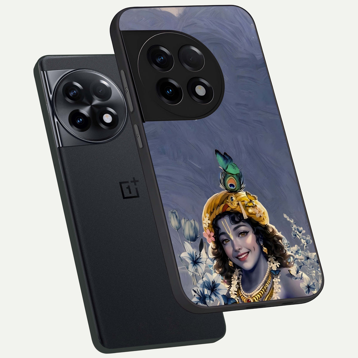  Lord Krishna phone case For OnePlus 11R showing premium glass back cover with detailed artwork