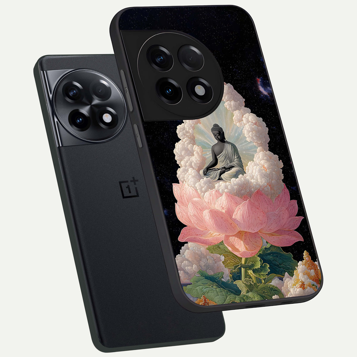  Lotus Divine Peace phone case For OnePlus 11R showing premium glass back cover with detailed artwork