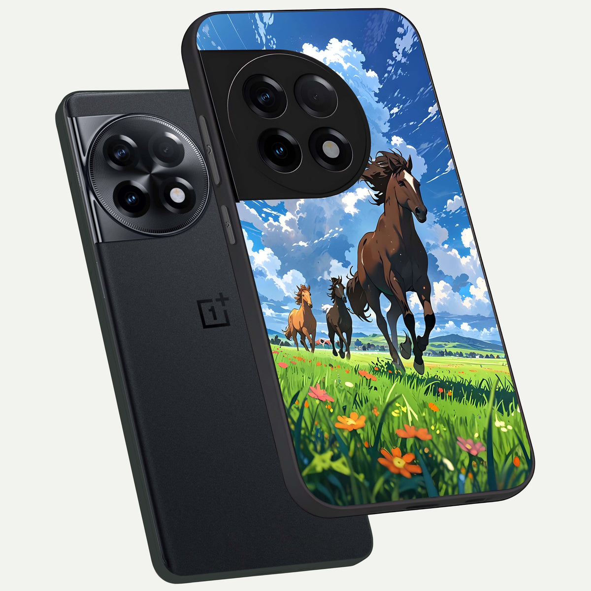  Majestic Horses Galloping phone case For OnePlus 11R showing premium glass back cover with detailed artwork