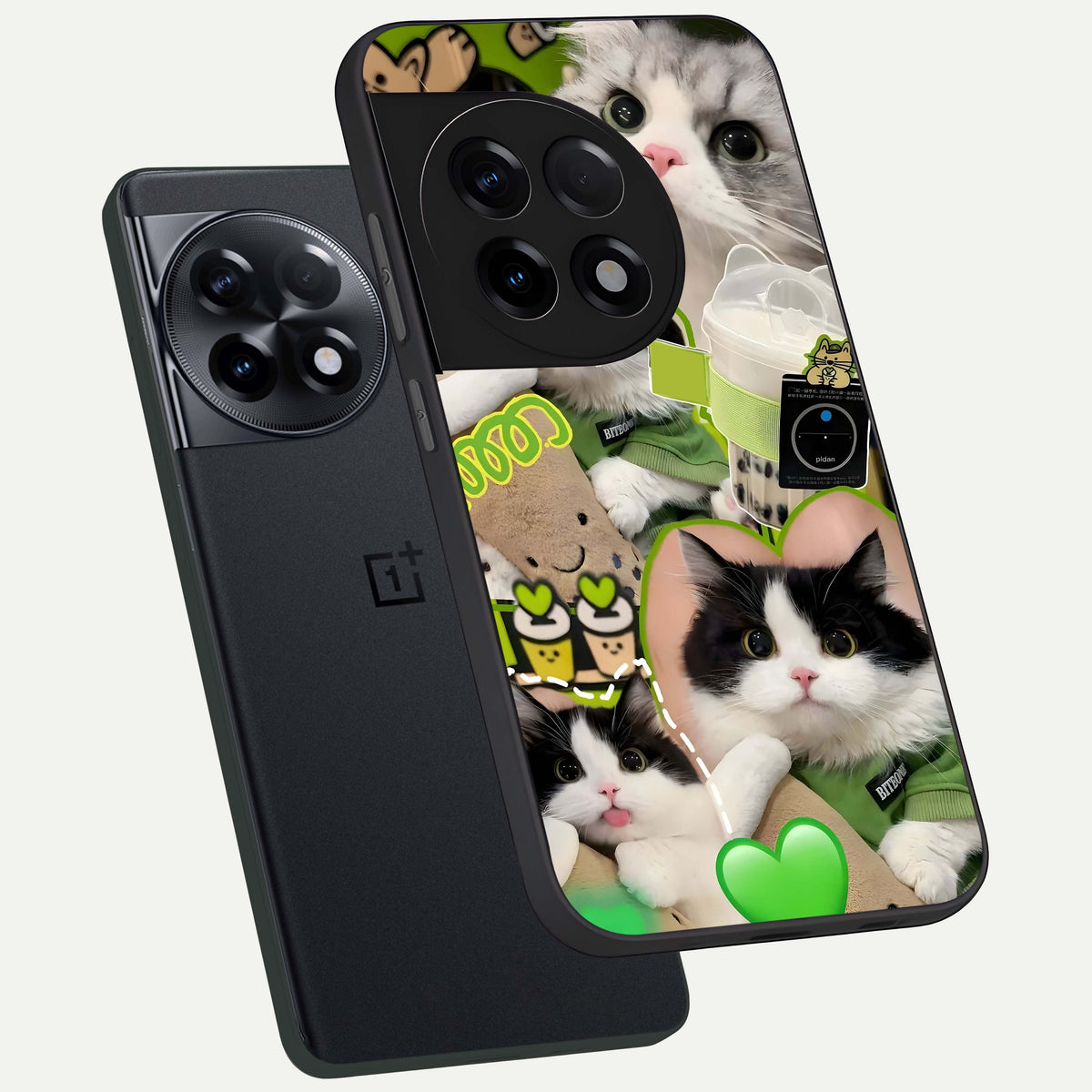  Matcha Cats Mood phone case For OnePlus 11R showing premium glass back cover with detailed artwork