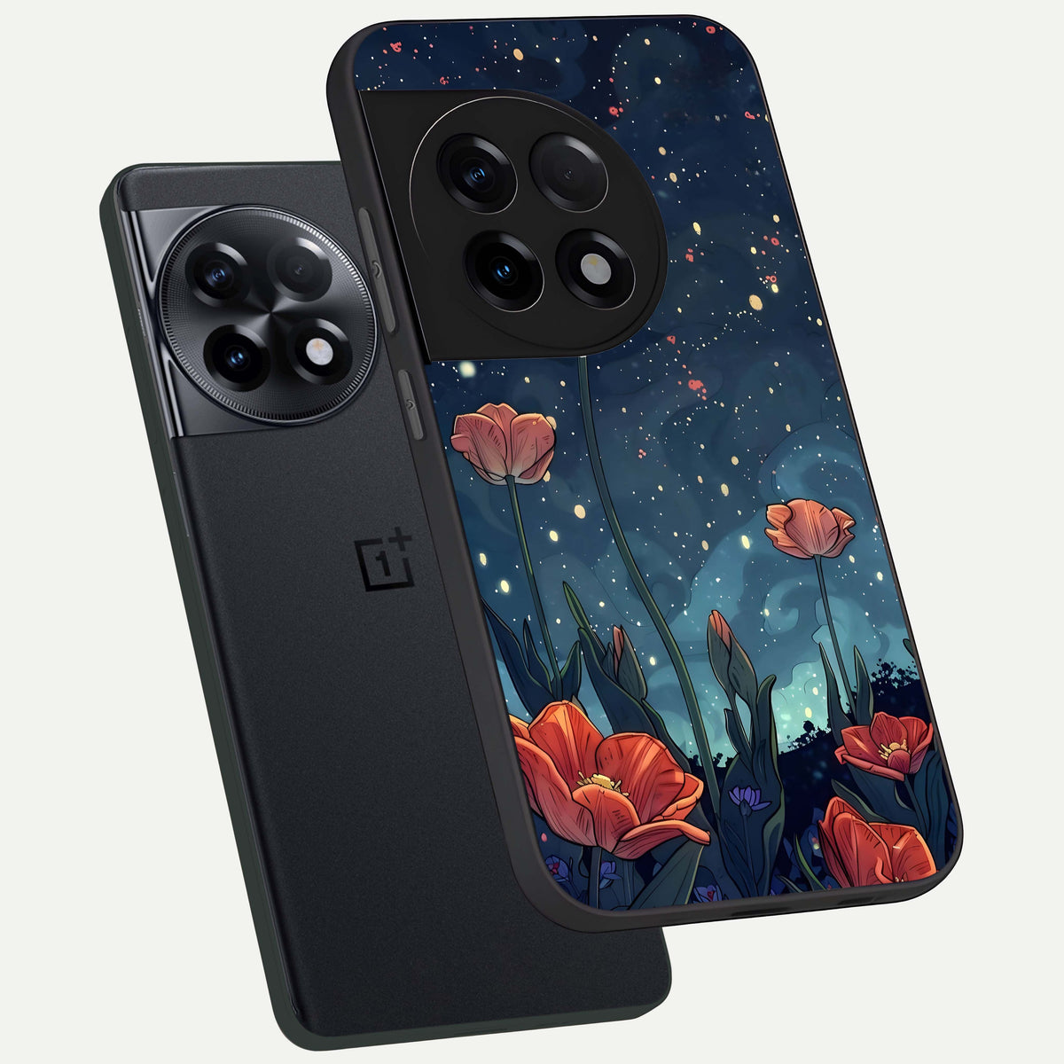  Midnight Tulip Glow phone case For OnePlus 11R showing premium glass back cover with detailed artwork
