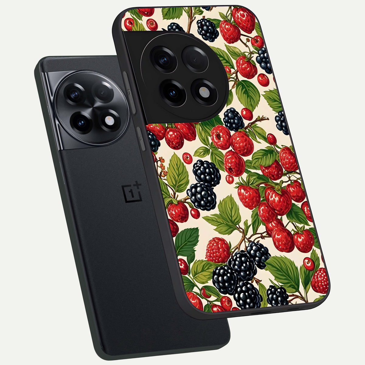  Mixed Berry Collage phone case For OnePlus 11R showing premium glass back cover with detailed artwork