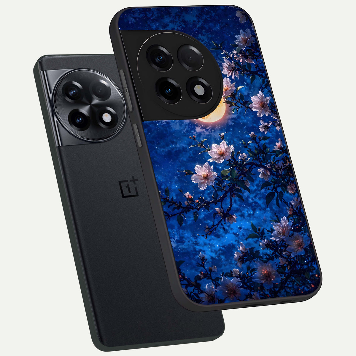  Moonlit Blossoms Night phone case For OnePlus 11R showing premium glass back cover with detailed artwork
