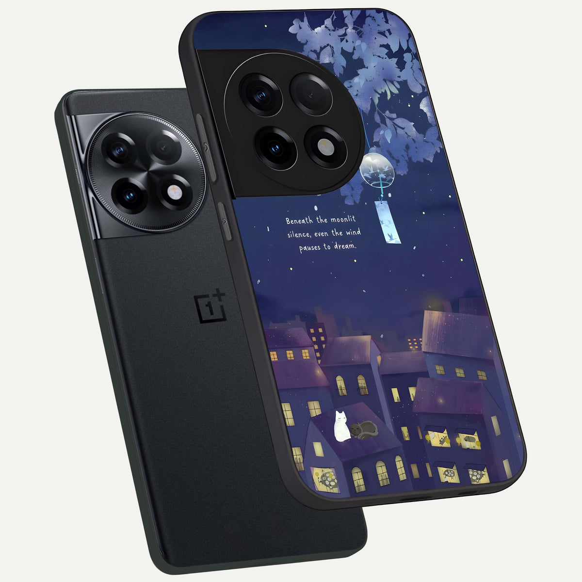  Moonlit Cat Silence phone case For OnePlus 11R showing premium glass back cover with detailed artwork