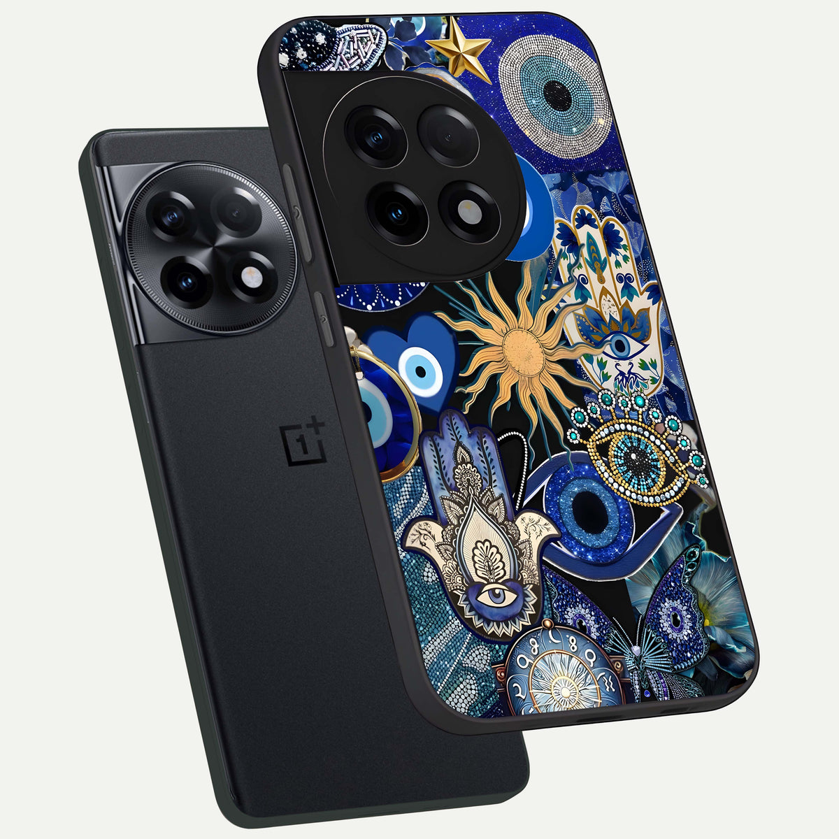  Mystic Blue Evil Eye phone case For OnePlus 11R showing premium glass back cover with detailed artwork
