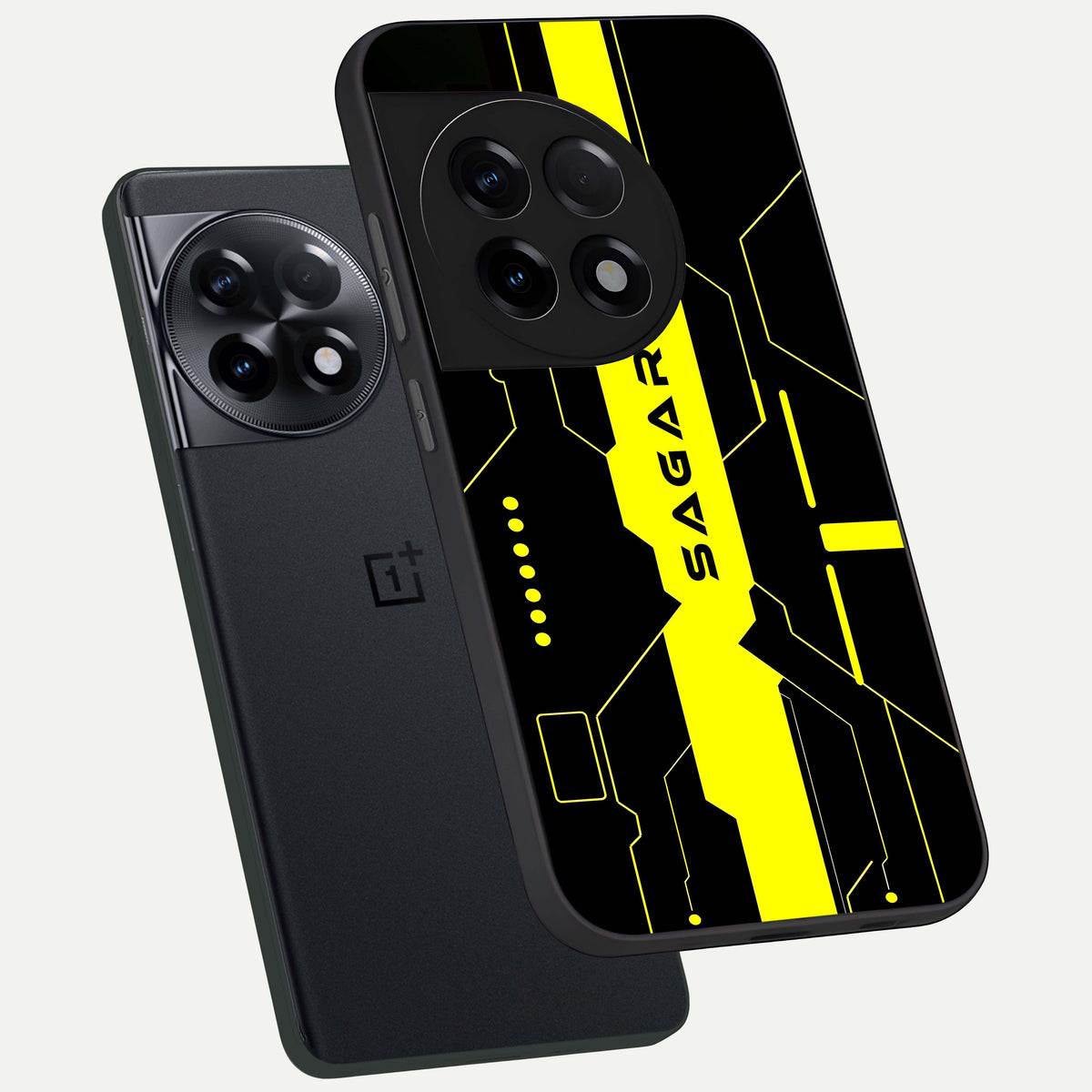  Neon CYBERPUNK Custom Name phone case For OnePlus 11R showing premium glass back cover with detailed artwork