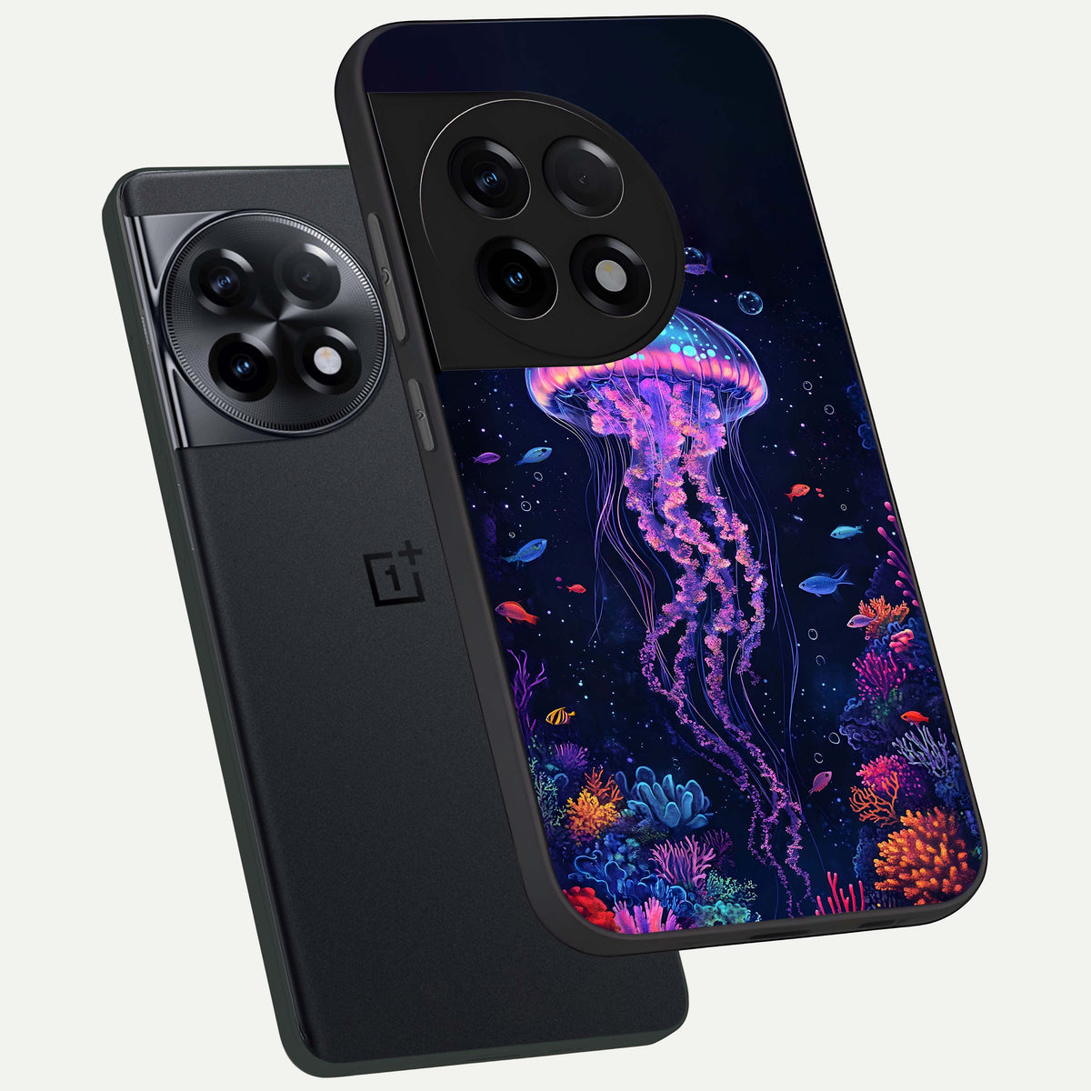  Neon Jellyfish phone case For OnePlus 11R showing premium glass back cover with detailed artwork
