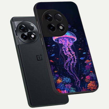  Neon Jellyfish phone case For OnePlus 11R showing premium glass back cover with detailed artwork