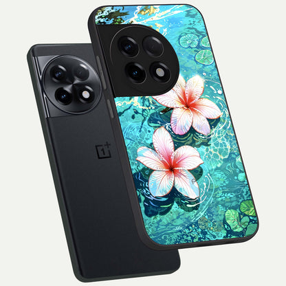  Pink Flowers in Water phone case For OnePlus 11R showing premium glass back cover with detailed artwork