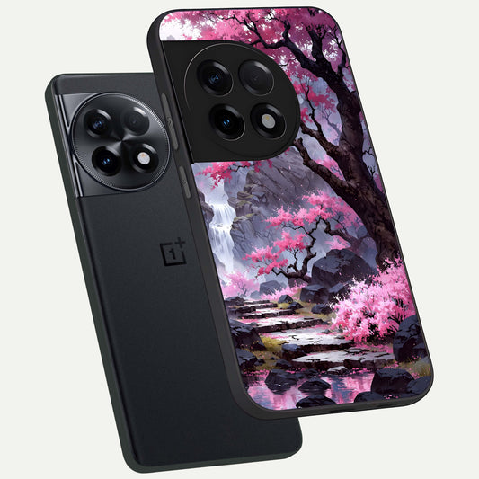  Pink Sunflower Glow phone case For OnePlus 11R showing premium glass back cover with detailed artwork