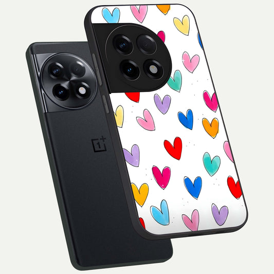  Playful Love Doodles phone case For OnePlus 11R showing premium glass back cover with detailed artwork