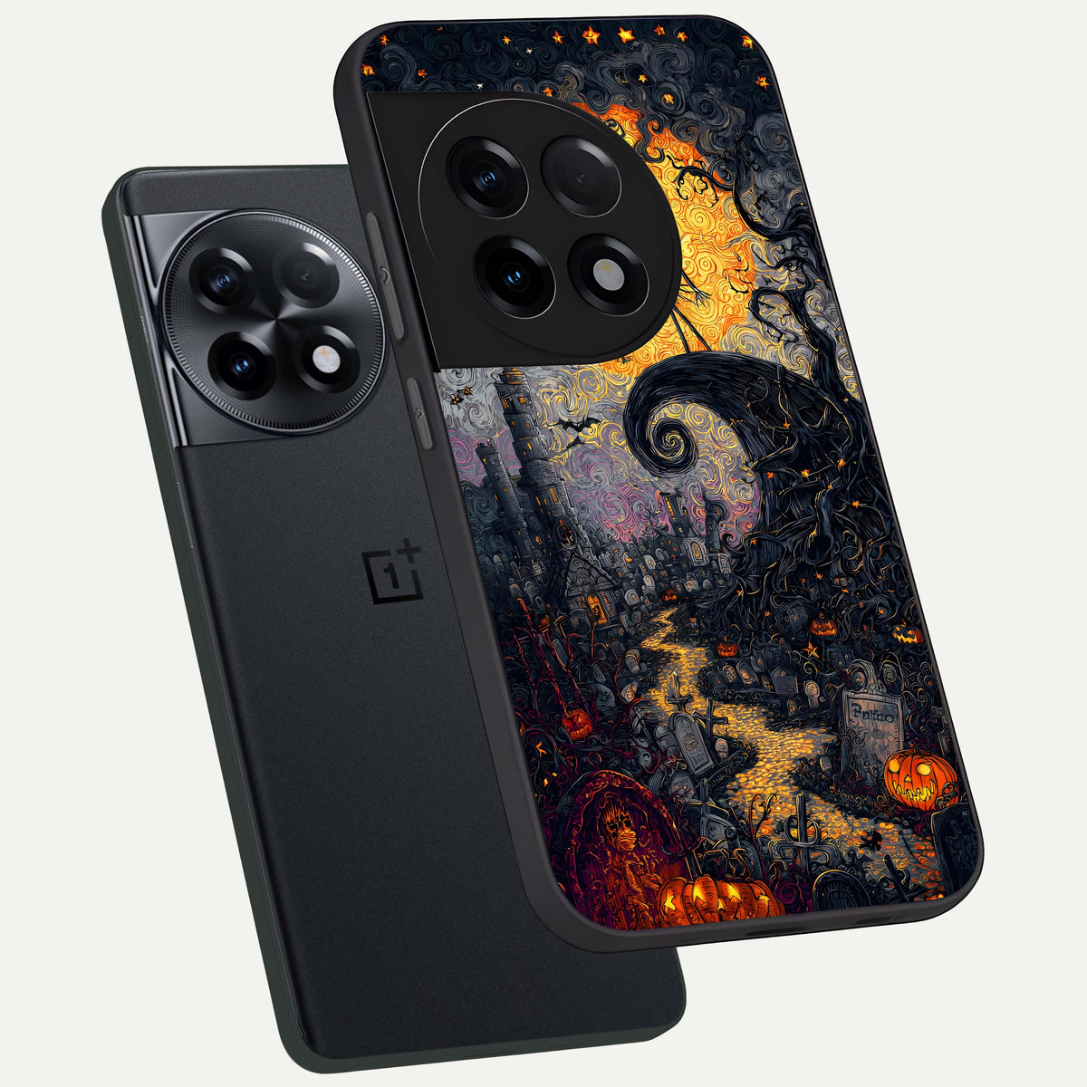 Pumpkin Moon Night phone case For OnePlus 11R showing premium glass back cover with detailed artwork