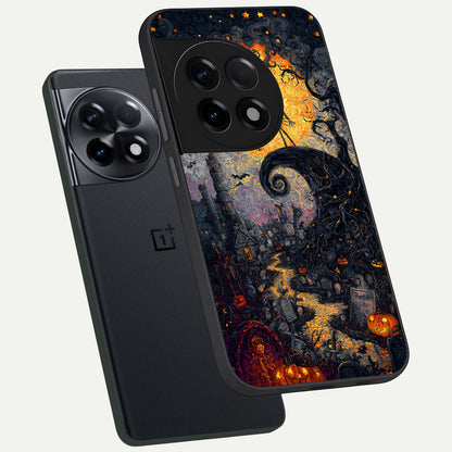  Pumpkin Moon Night phone case For OnePlus 11R showing premium glass back cover with detailed artwork