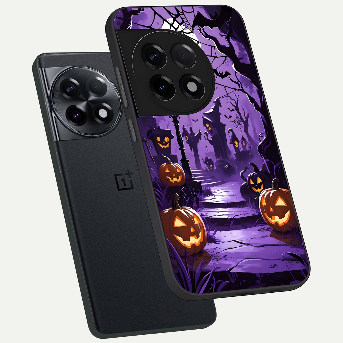  Pumpkin Patch Halloween phone case For OnePlus 11R showing premium glass back cover with detailed artwork