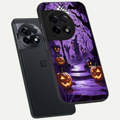  Pumpkin Patch Halloween phone case For OnePlus 11R showing premium glass back cover with detailed artwork