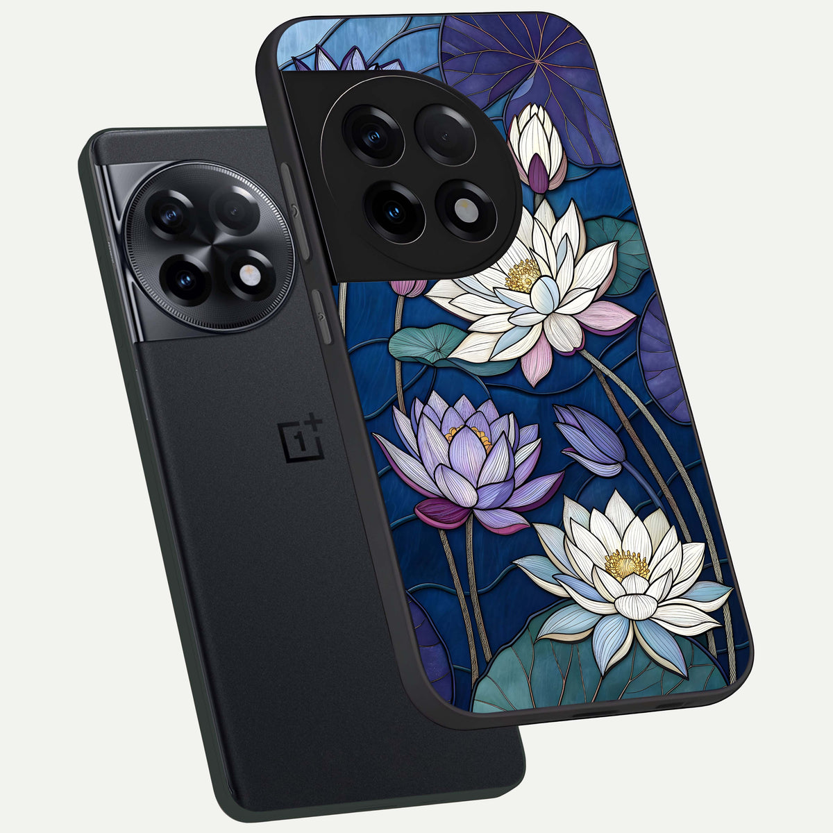  Purple Lotus Stained phone case For OnePlus 11R showing premium glass back cover with detailed artwork