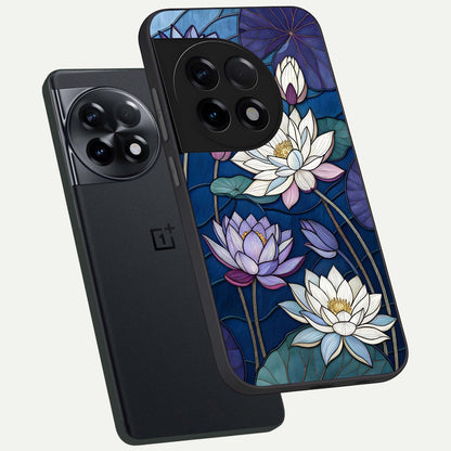  Purple Lotus Stained phone case For OnePlus 11R showing premium glass back cover with detailed artwork