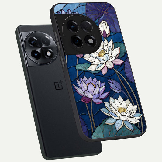  Purple Lotus Stained phone case For OnePlus 11R showing premium glass back cover with detailed artwork