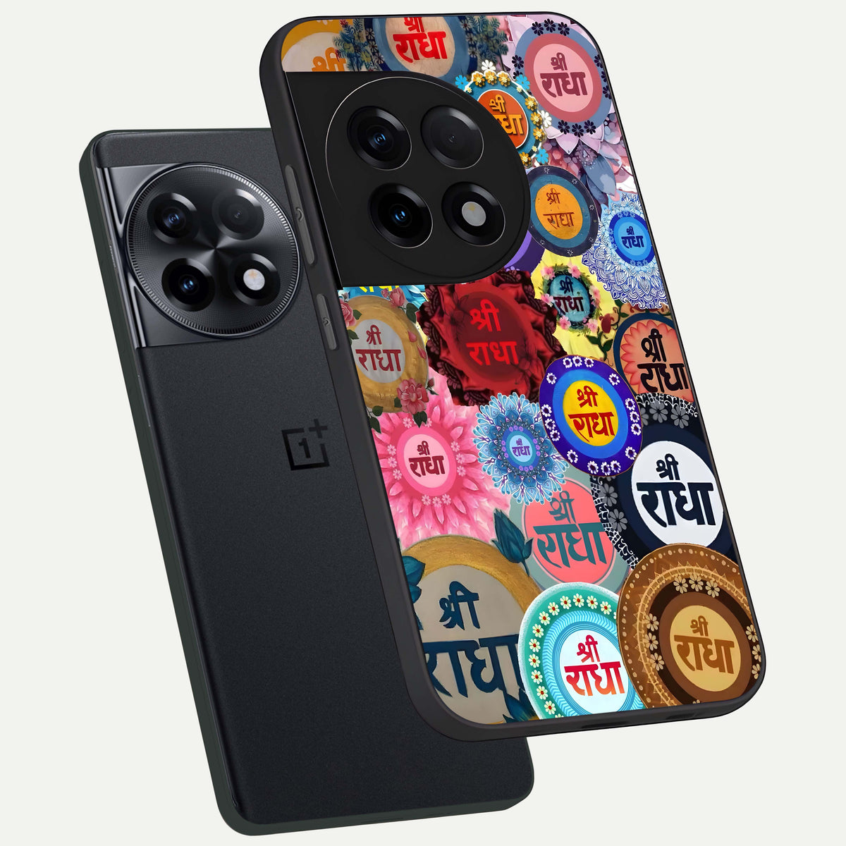  Radha Divine Bloom phone case For OnePlus 11R showing premium glass back cover with detailed artwork