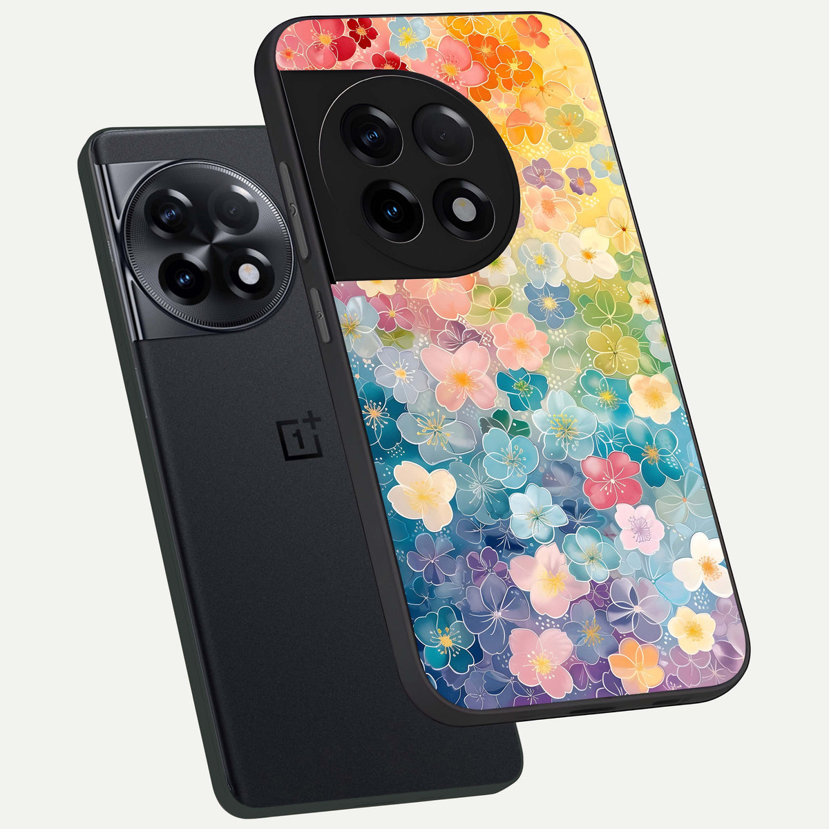  Rainbow Blossom Burst phone case For OnePlus 11R showing premium glass back cover with detailed artwork