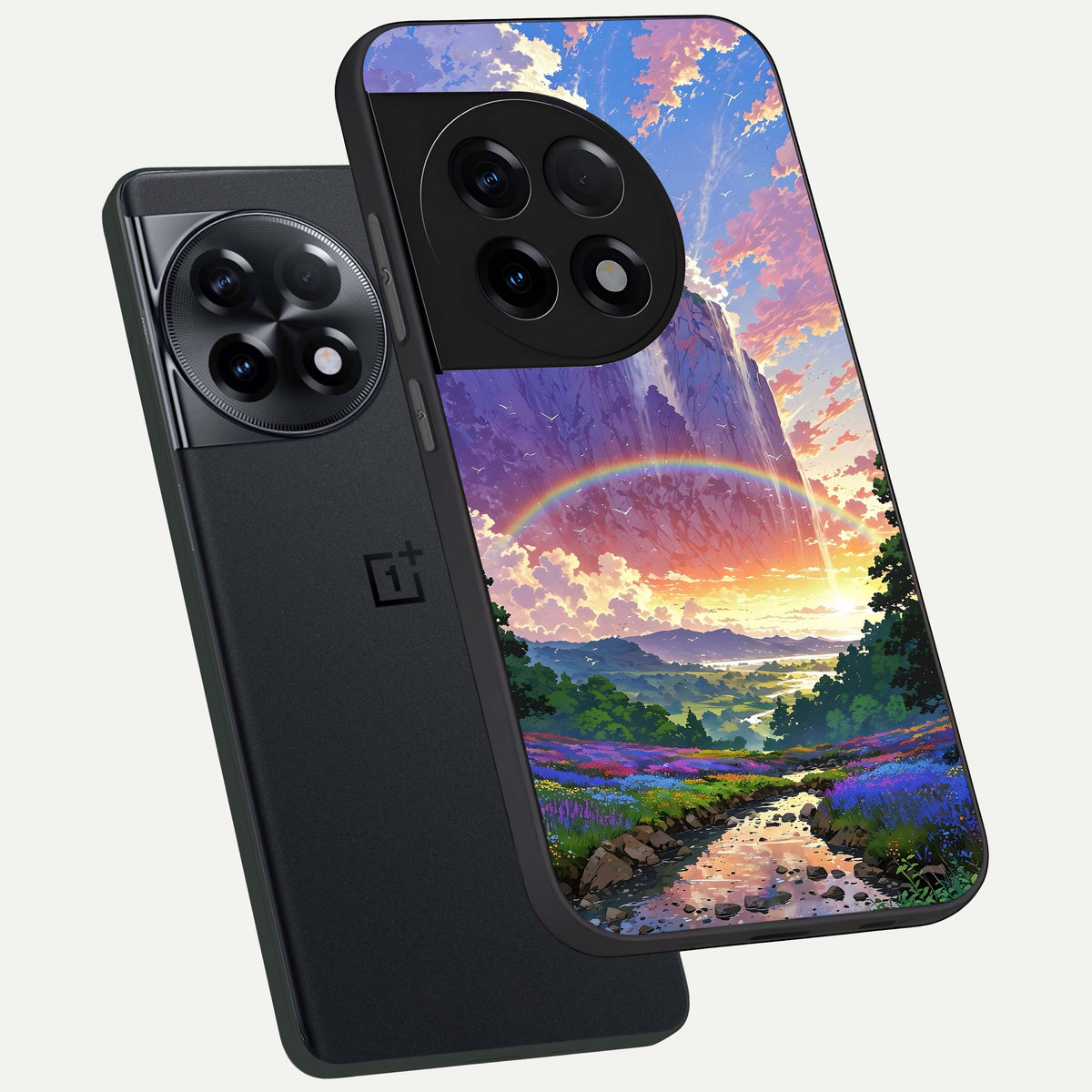  Rainbow Valley Dream phone case For OnePlus 11R showing premium glass back cover with detailed artwork