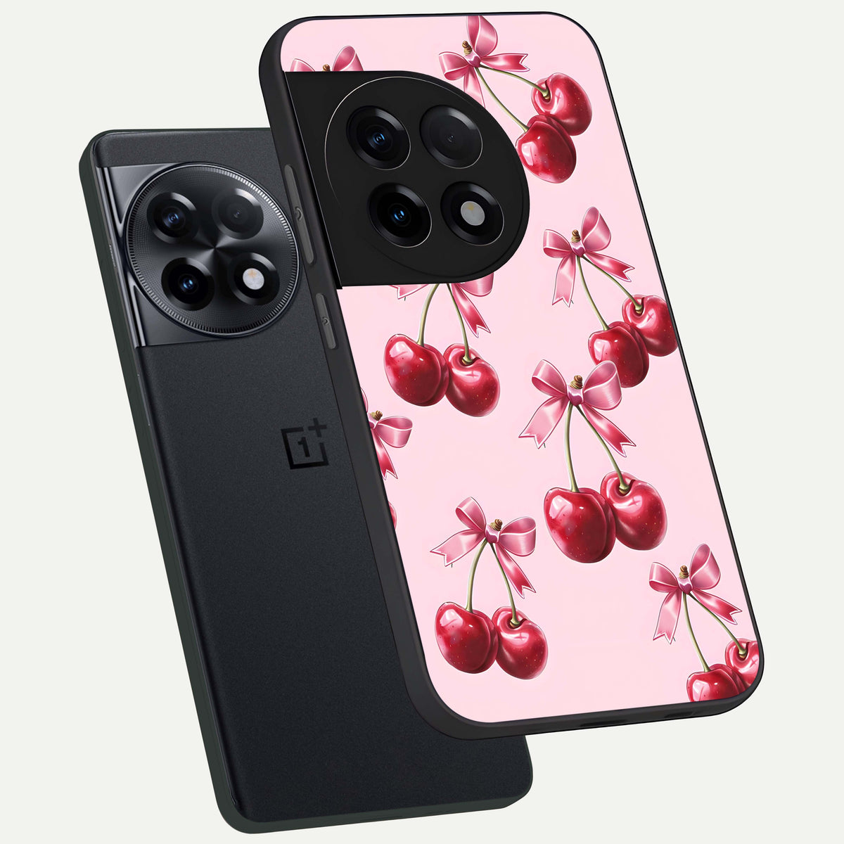  Red Cherries Pattern phone case For OnePlus 11R showing premium glass back cover with detailed artwork