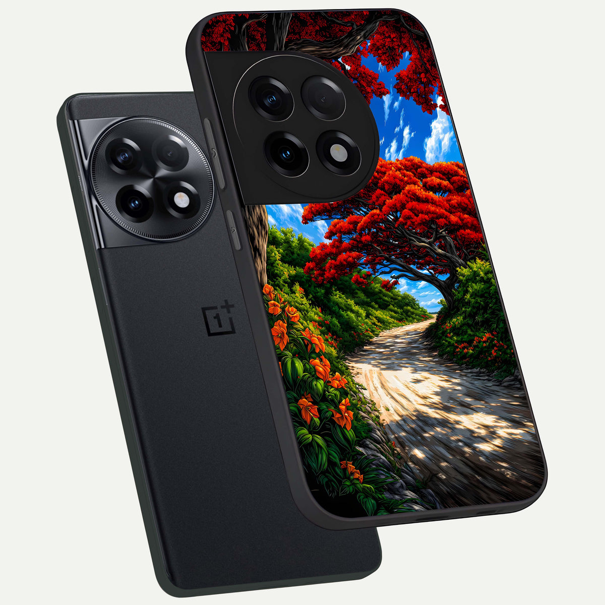  Red Trees Pathway phone case For OnePlus 11R showing premium glass back cover with detailed artwork