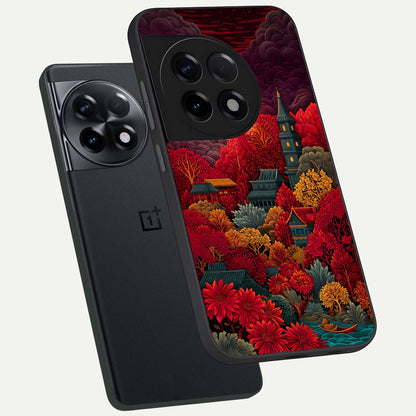  Scarlet Autumn Temple phone case For OnePlus 11R showing premium glass back cover with detailed artwork