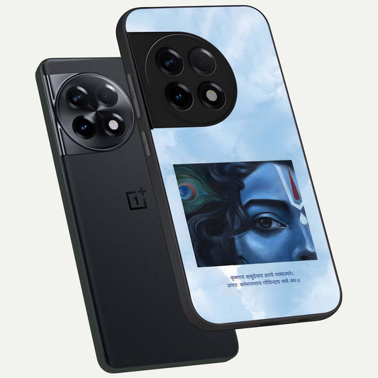  Spiritual Krishna phone case For OnePlus 11R showing premium glass back cover with detailed artwork