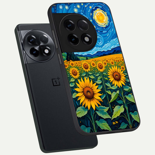  Starry Sunflower Dreams phone case For OnePlus 11R showing premium glass back cover with detailed artwork